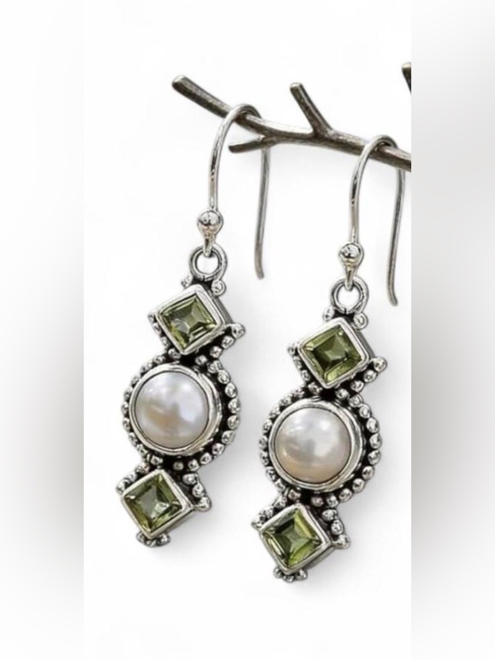 Sterling-Style Pearl and Green Gem Drop Earrings